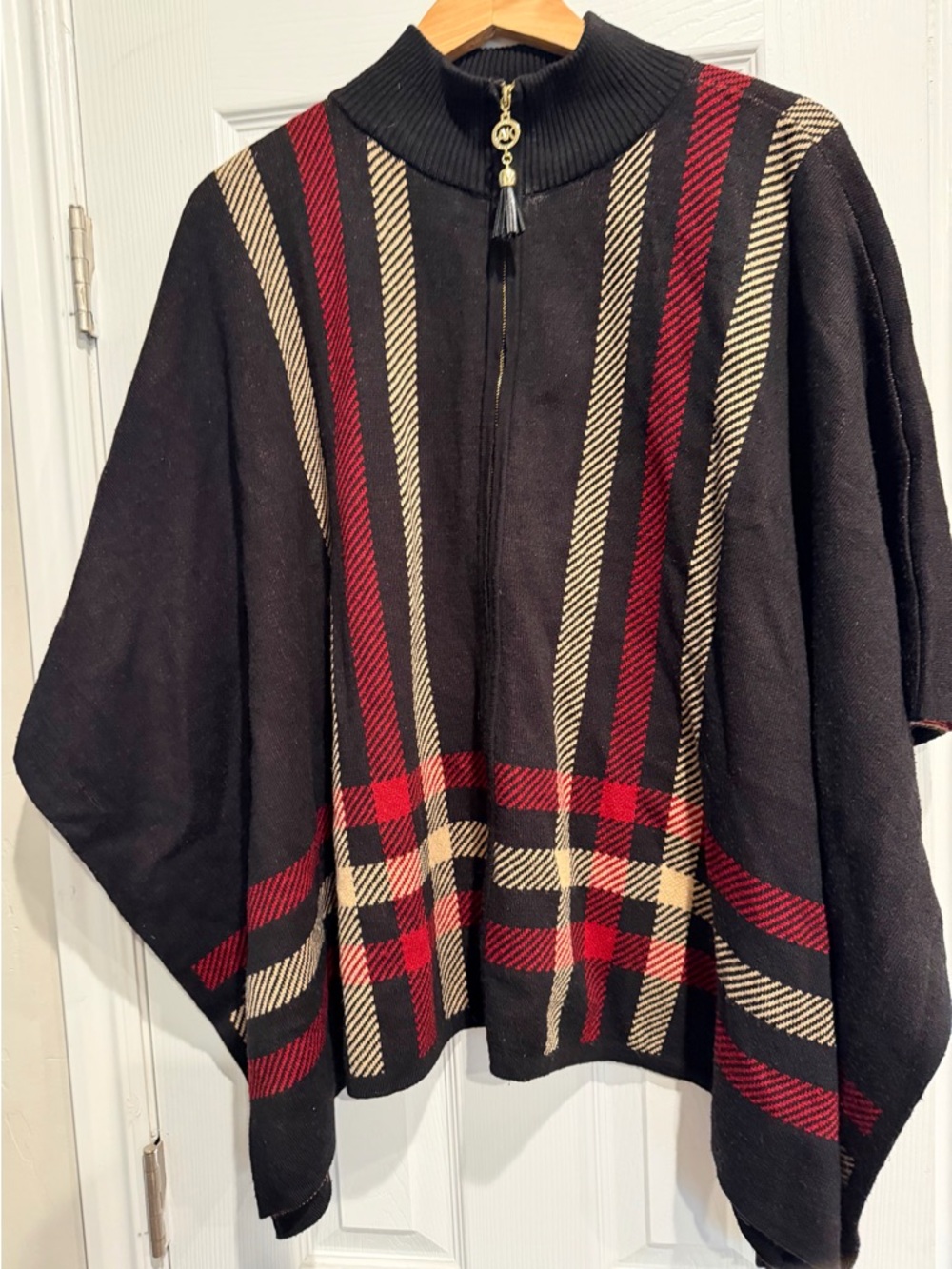 Anne Klein Black Zip Poncho with Red and Cream Plaid Stripes